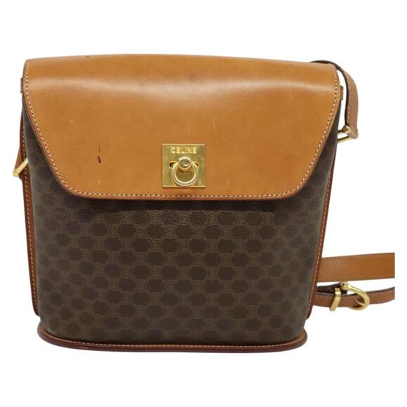 CELINE Macadam Canvas Shoulder Bag Pvc Leather Brown Gold - Picture 2 of 13